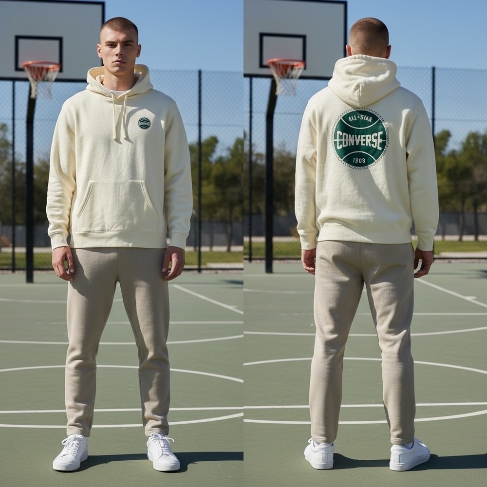 Converse Mens Logo Graphic Hoodie Cream Egret CVM5H838-EG7 Small NWT